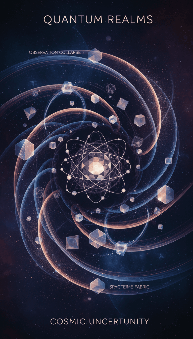 소용돌이치는 선과 빛나는 입자가 있는 양자 물리학에 대한 추상적인 인포그래픽.