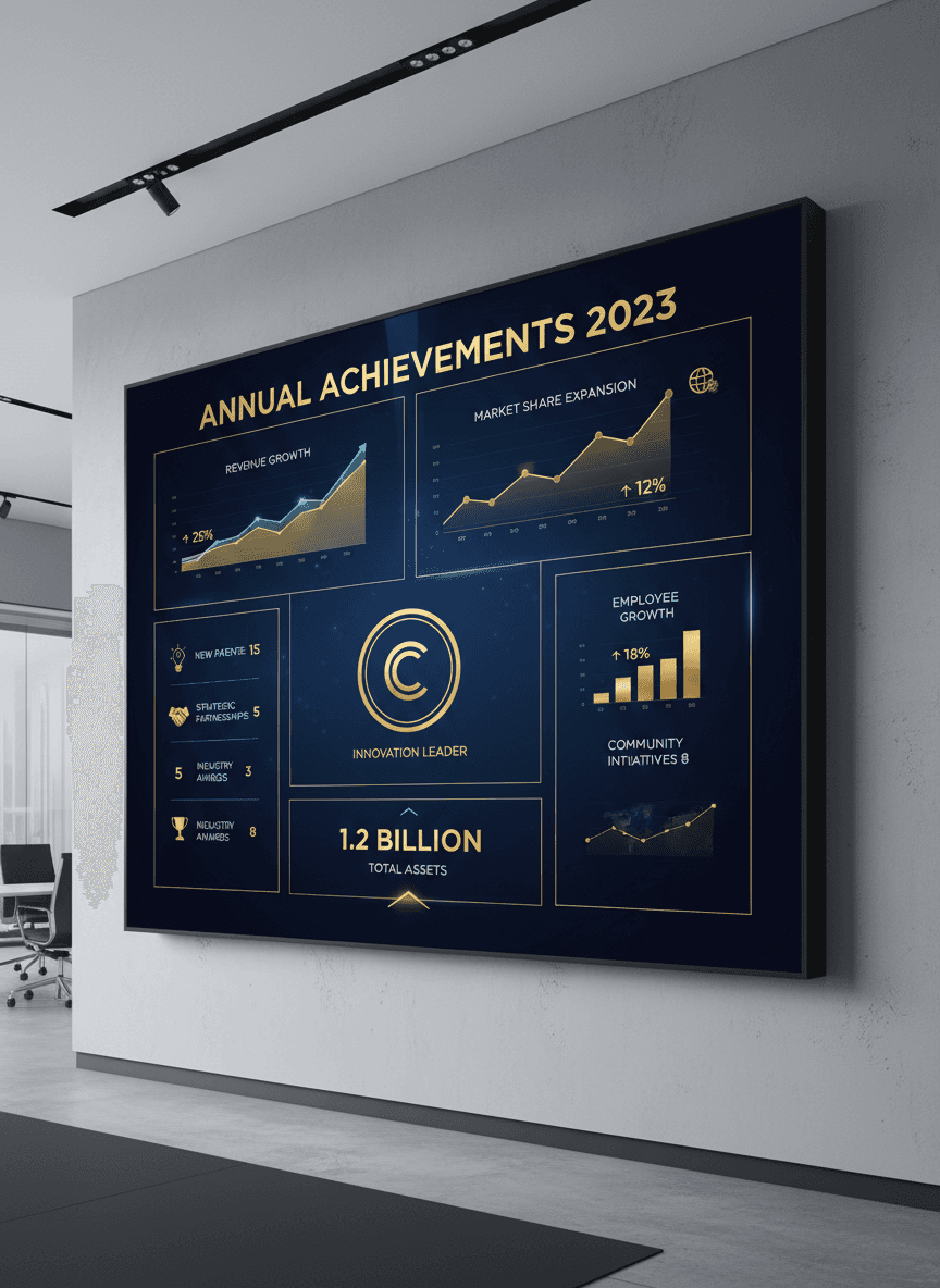 우아한 선형 그래프와 짙은 파란색 및 금색 배색으로 회사 성과를 요약한 세련된 연례 보고서 인포그래픽.