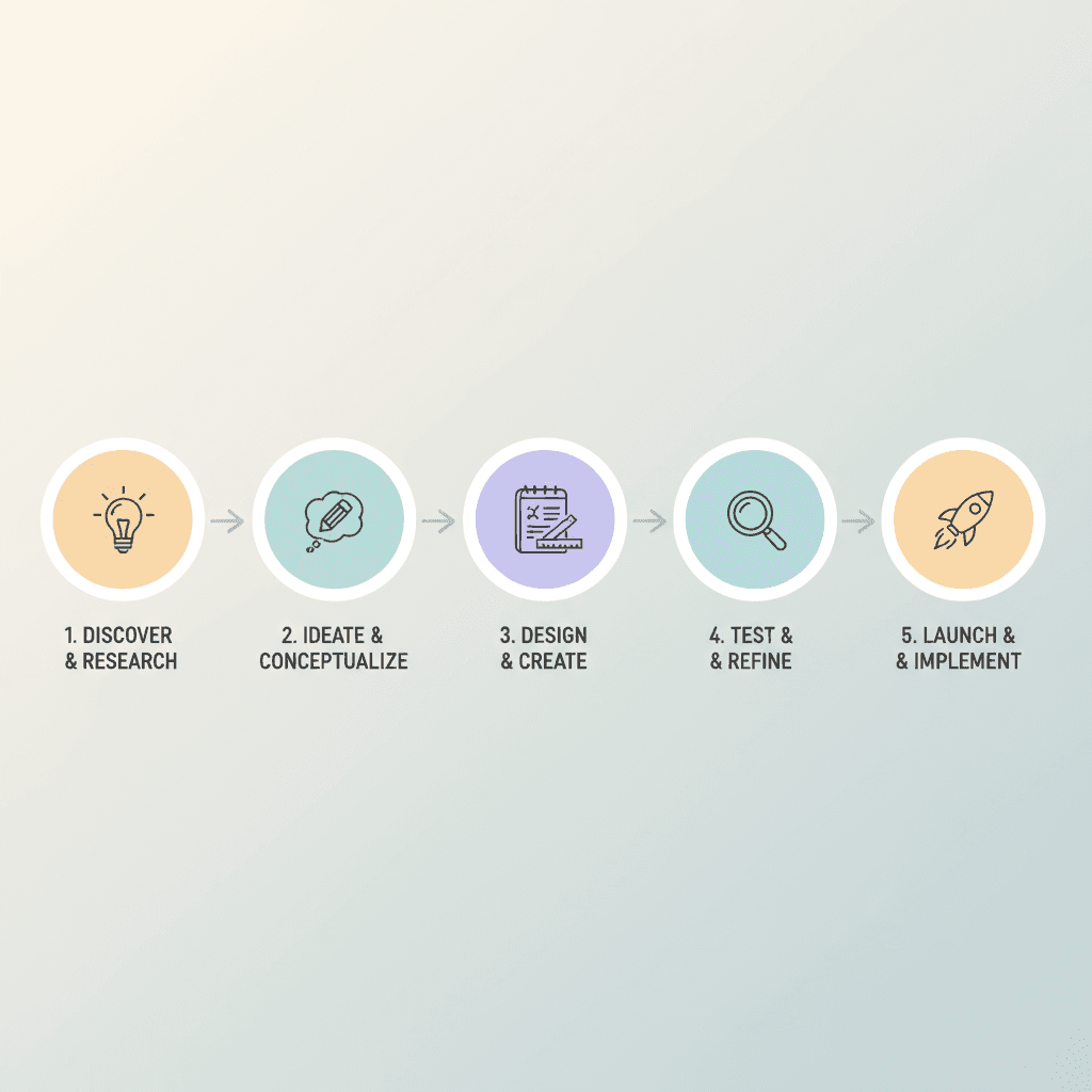 순차적인 흐름과 파스텔 색상으로 창의적인 디자인 과정을 설명하는 깔끔한 인포그래픽.