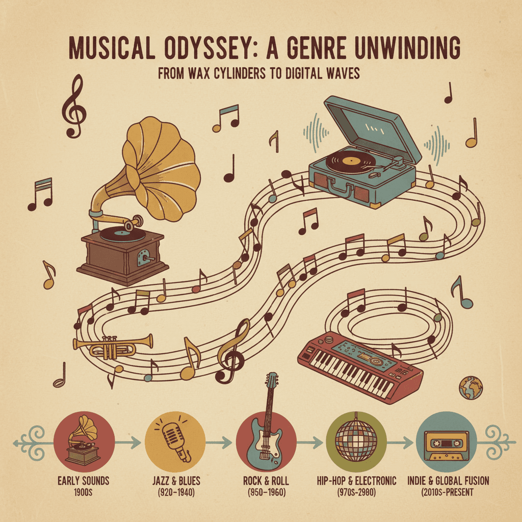 빈티지 요소와 따뜻한 색상으로 음악 장르의 진화를 보여주는 레트로 스타일 인포그래픽.