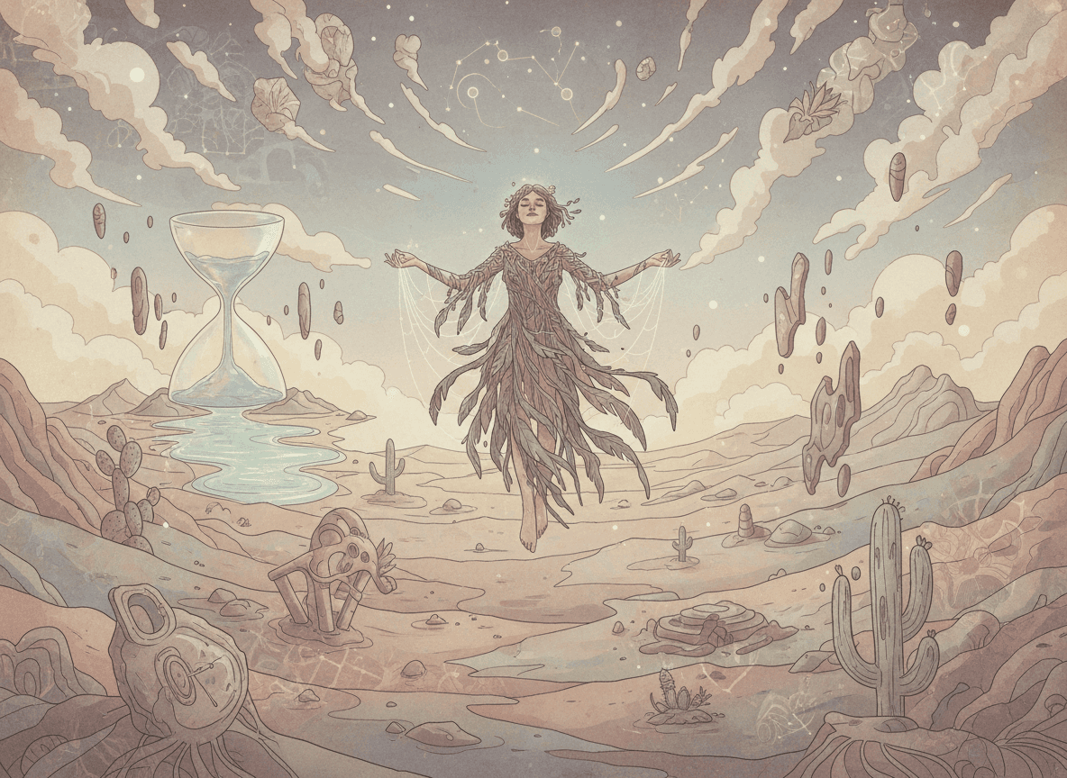 사막 풍경 위에 사람이 떠다니는 초현실적인 일러스트.