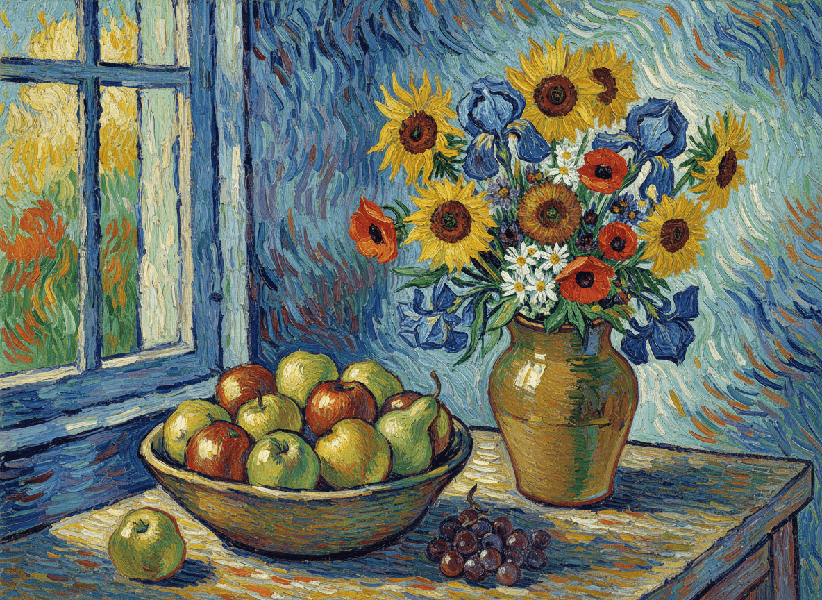 꽃병에 담긴 과일과 꽃의 표현적인 정물 일러스트.