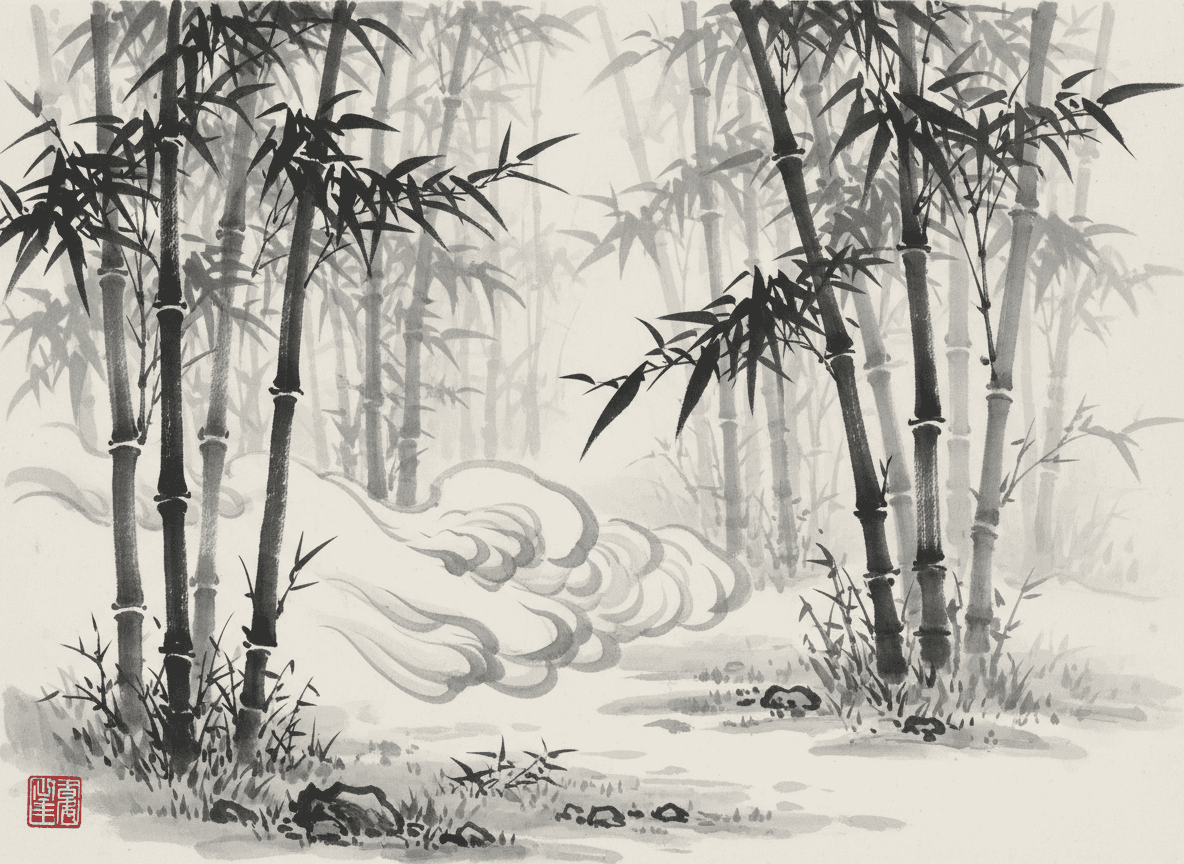고요한 대나무 숲을 그린 수묵화 일러스트, 단색, 우아한 붓놀림, 전통적인 동양 예술 스타일.