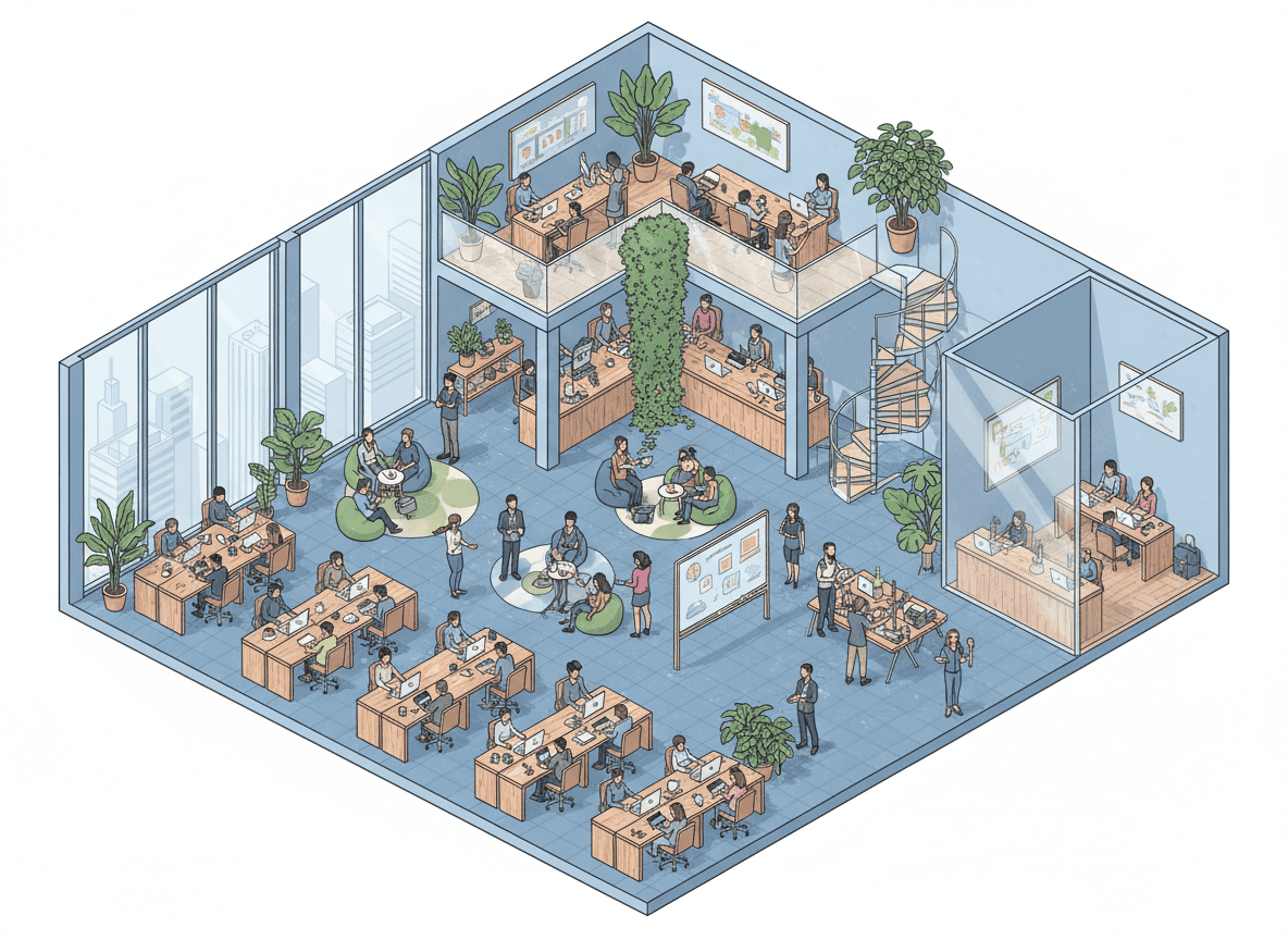 사람들이 일하는 현대적인 스타트업 사무실의 정교한 등각 투영 일러스트.