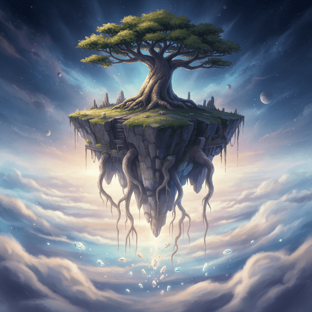 안개 위에 떠 있는 고대 나무가 있는 섬의 초현실적인 일러스트.