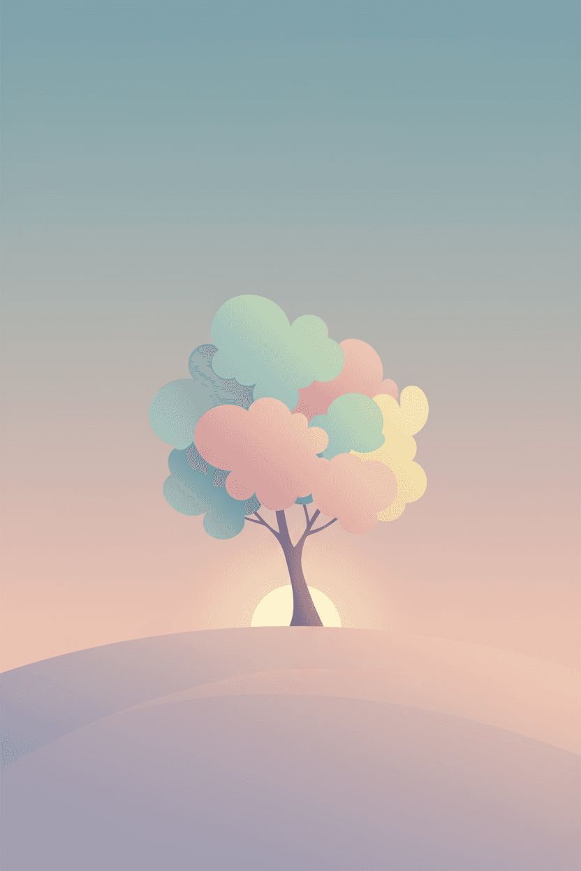 언덕 위의 고독한 나무를 파스텔 톤으로 표현한 미니멀리스트 일러스트.