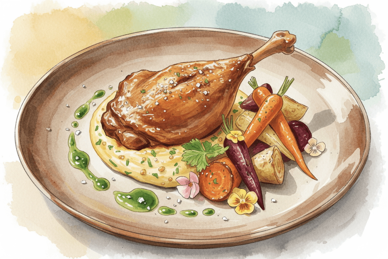 아름답게 차려진 고급 식사의 음식 일러스트, 풍부한 질감, 매력적인 색상, 부드러운 배경.