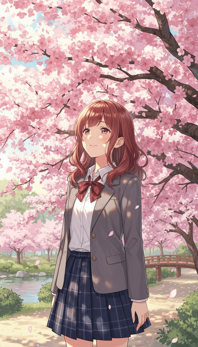 벚꽃을 바라보는 여고생의 애니메이션 스타일 일러스트.