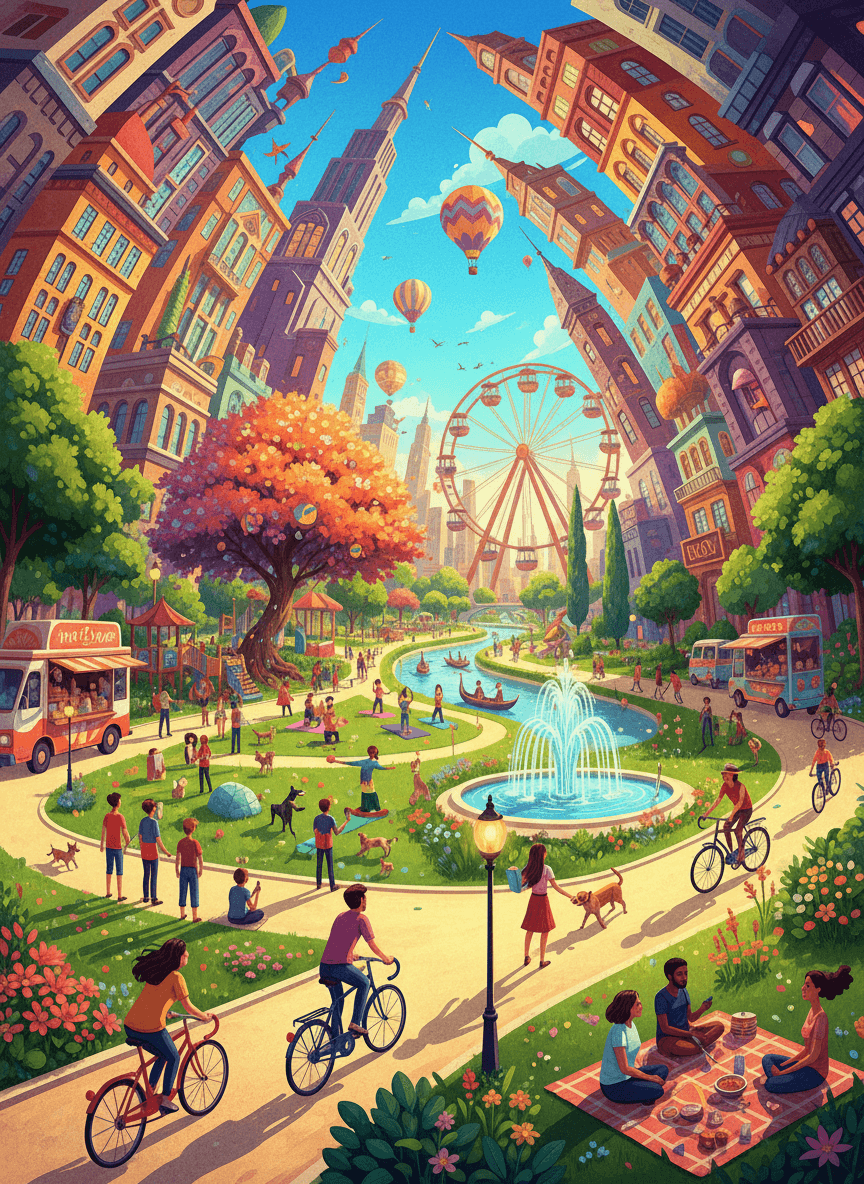 다양한 사람들로 붐비는 도시 공원의 도시 풍경 일러스트, 활기찬 장면, 생생한 색상, 약간 과장된 원근법.
