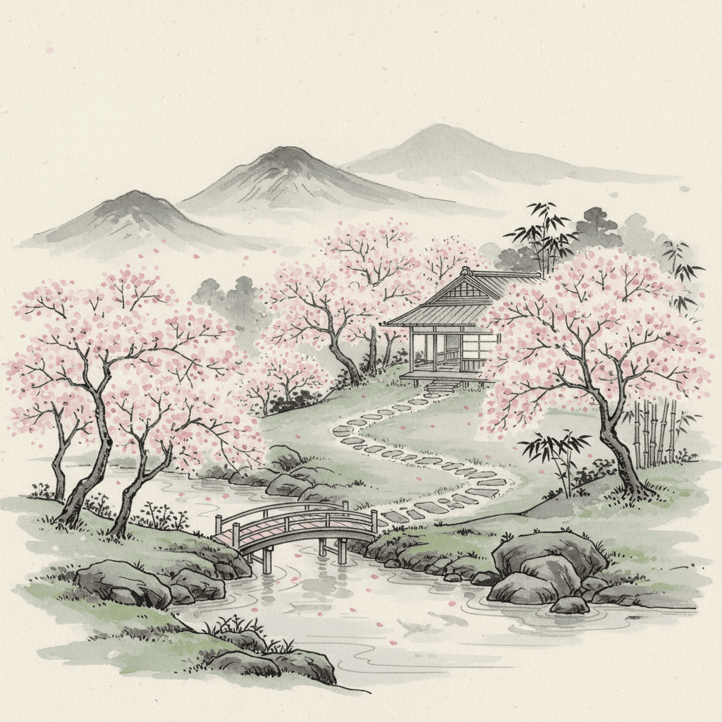 벚꽃이 피어있는 고요한 일본식 정원 먹물 일러스트.