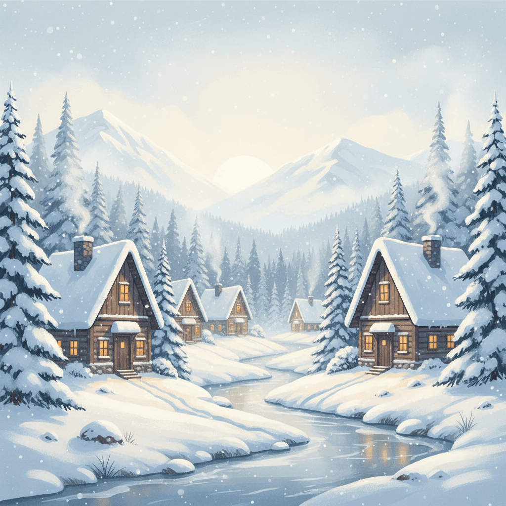 눈 덮인 오두막과 소나무가 있는 아늑한 겨울 풍경 일러스트.