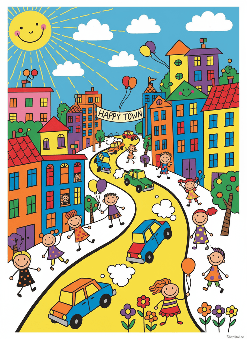 활기찬 도시 거리를 묘사한 매력적인 아이들 그림 같은 일러스트.