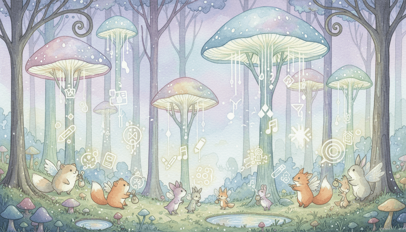마법 숲 속 작은 생물들이 버섯 모양 구름에서 빛나는 창작 파일을 다운로드하는 모습을 담은 환상적인 수채화 일러스트레이션.