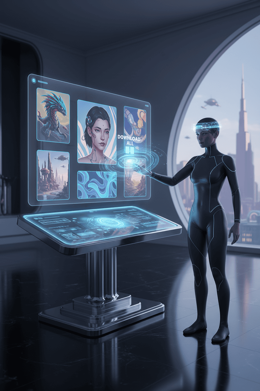 다양한 일러스트의 홀로그램 투영이 있는 세련된 미래형 인터페이스, 사용자가 마음 조종 기술로 손쉽게 다운로드하는 모습.