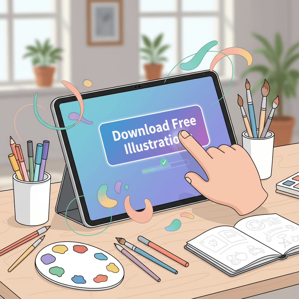 세련된 화면에서 '무료 일러스트 다운로드' 버튼을 클릭하는 손을 담은 사용자 친화적인 디지털 일러스트레이션.