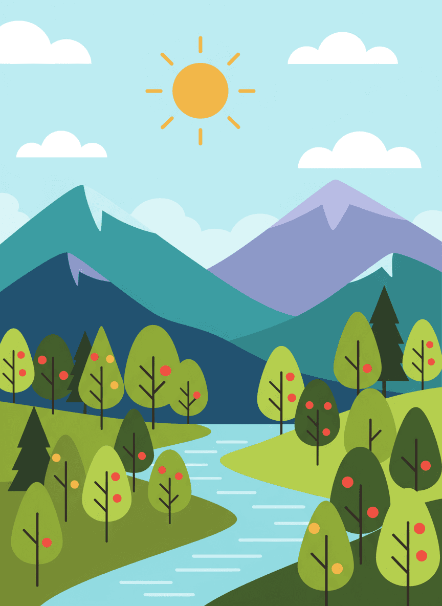 밝은 하늘 아래 나무와 산을 묘사한 생동감 있고 미니멀한 플랫 디자인 스타일의 숲 풍경 일러스트레이션.