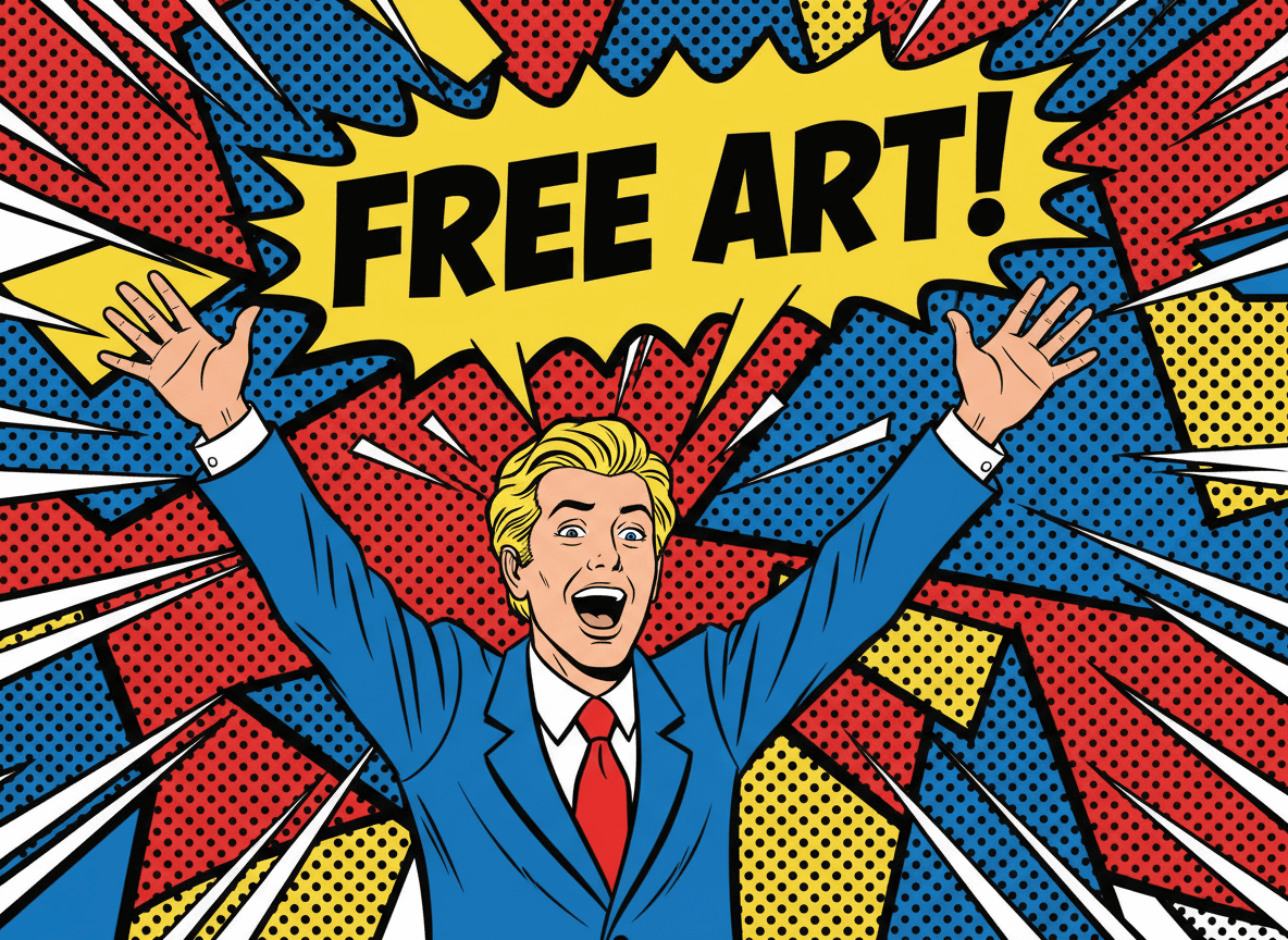 코믹 스타일로 '무료 아트!'를 외치는 사람의 팝아트 일러스트.