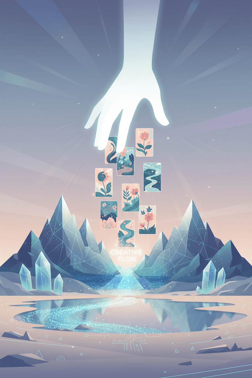 거대한 손이 하늘에서 내려와 아름답게 디자인된 일러스트 팩을 디지털 산 위에 부드럽게 놓는 미니멀리스트 풍경.