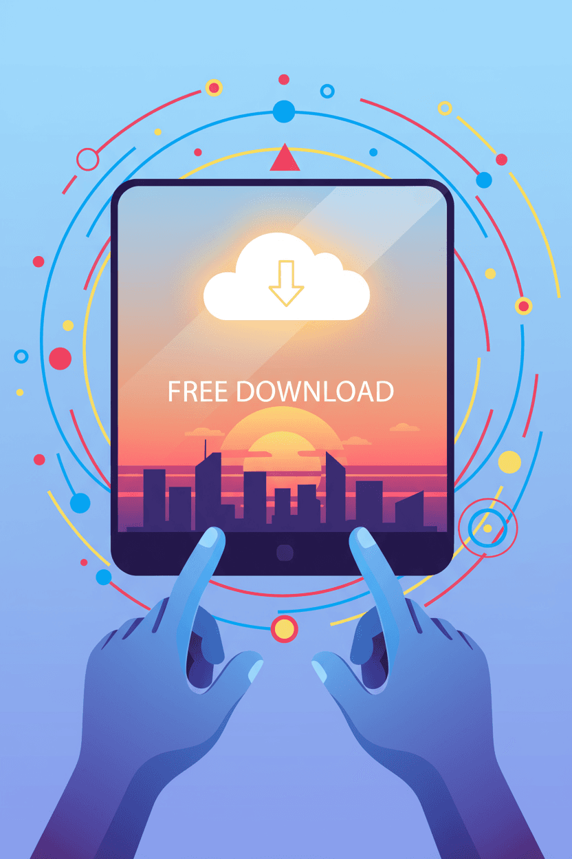 일몰 도시 풍경이 비치는 화면에서 다운로드 아이콘으로 손을 뻗는 모습으로, 무료 다운로드를 표현한 이미지입니다.