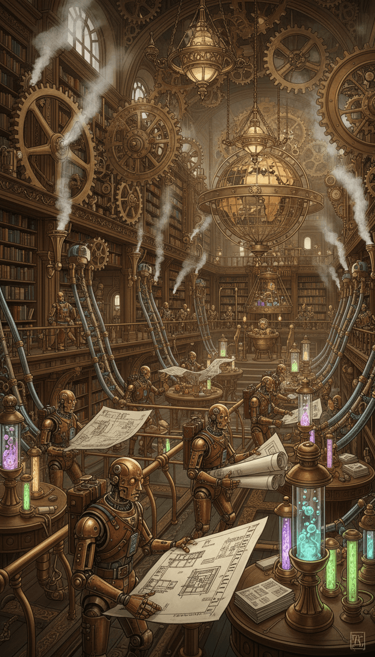 도서관에서 무료 예술 설계도를 정리하는 오토마톤의 스팀펑크 일러스트.