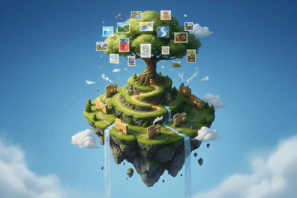 파일 모양 집들이 있는 등각 투영의 떠다니는 섬과 일러스트가 피어나는 나무가 무료 창의적 자원을 상징합니다.
