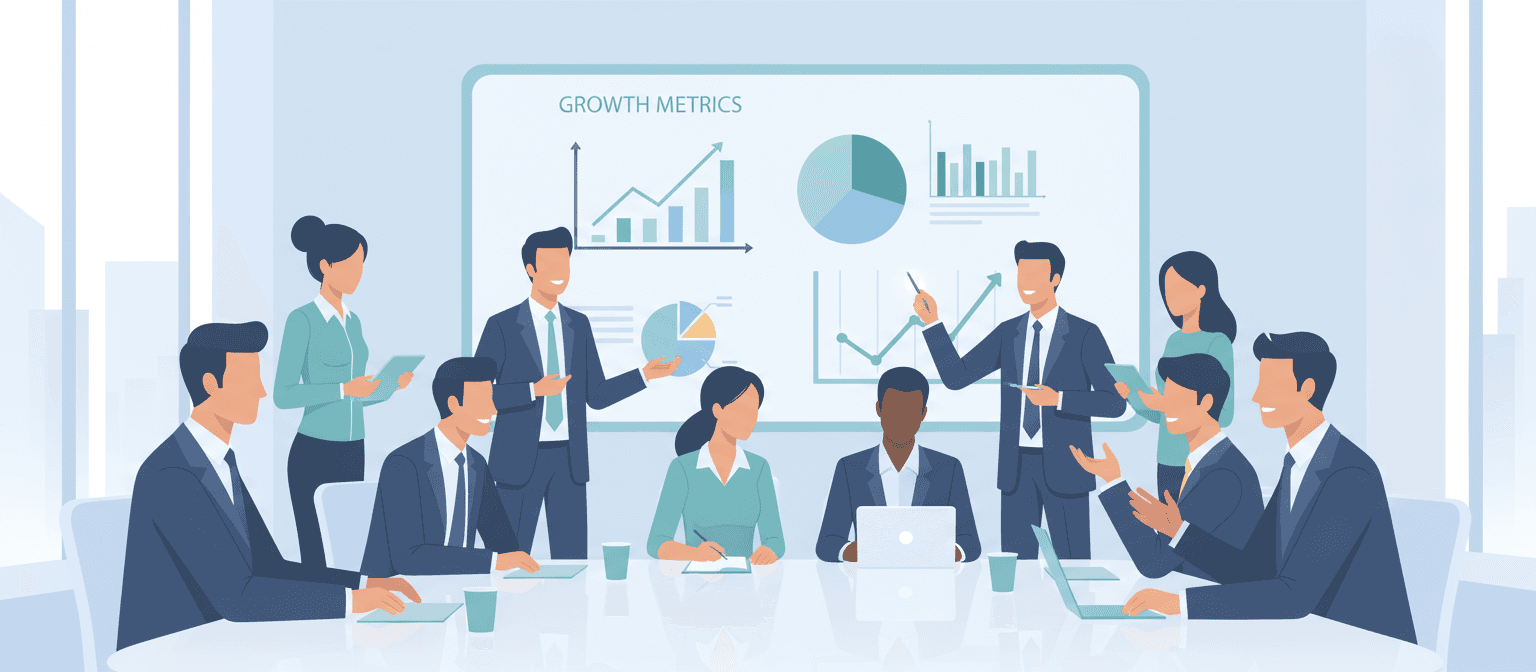 다양한 사람들이 큰 화면에서 차트와 그래프를 논의하는 전문적인 비즈니스 회의 미니멀리스트 벡터 아트 일러스트레이션.