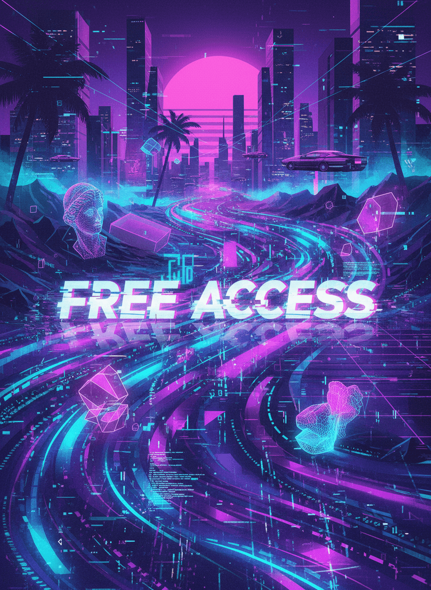 네온사인으로 '무료 액세스'가 빛나는 사이버펑크 디지털 아트 스트림 일러스트.