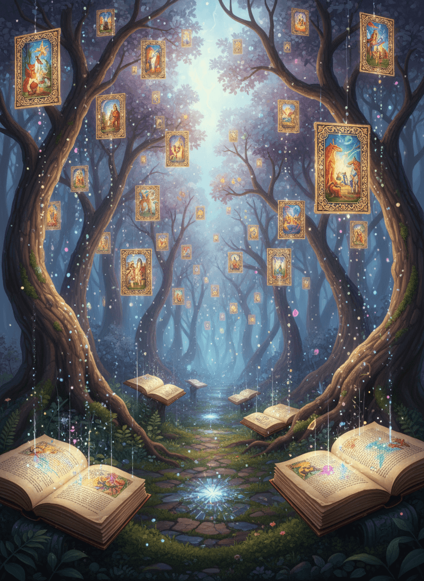 잎사귀 대신 정교한 일러스트를 맺는 나무들과 디지털 반짝임이 열린 책 페이지 위로 떨어지는 환상의 숲 풍경.