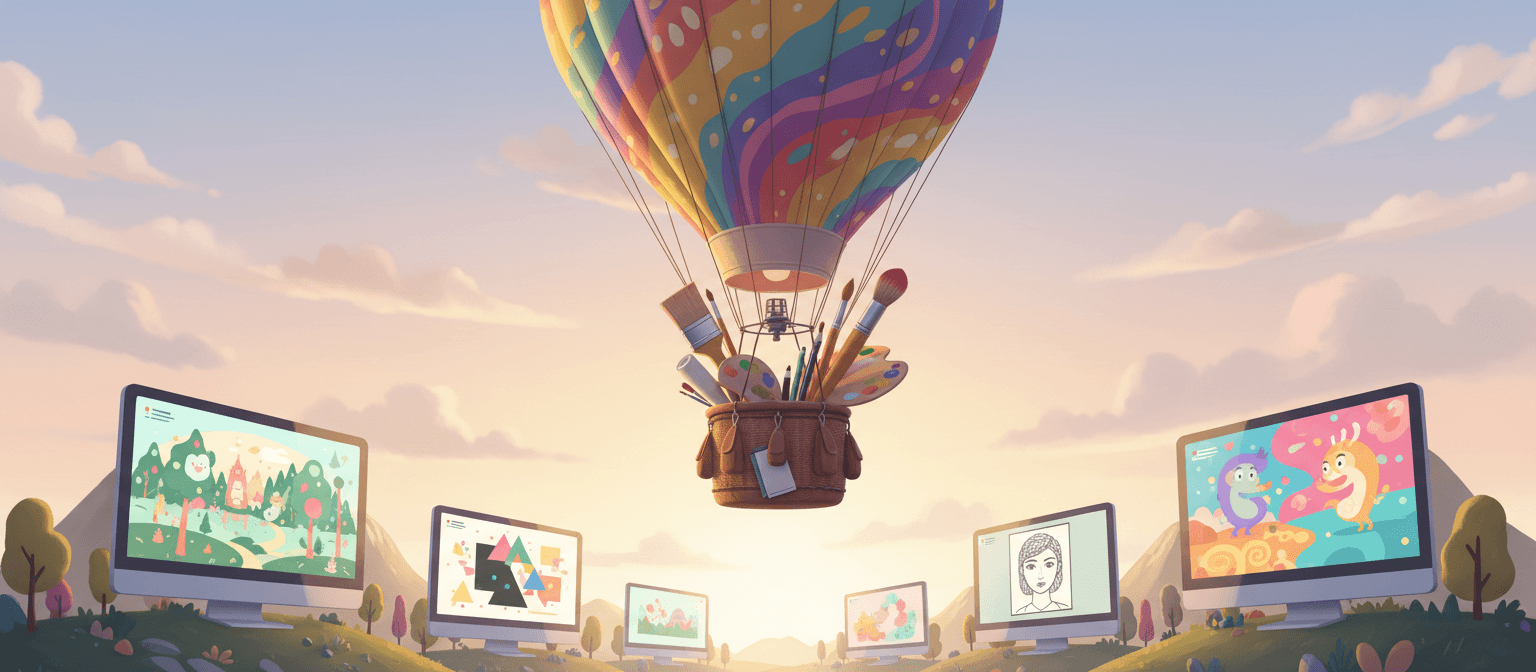 컴퓨터 화면으로 양식화된 산 위로 예술 도구가 가득 담긴 열기구가 떠다니며 다양한 무료 일러스트를 보여줍니다.