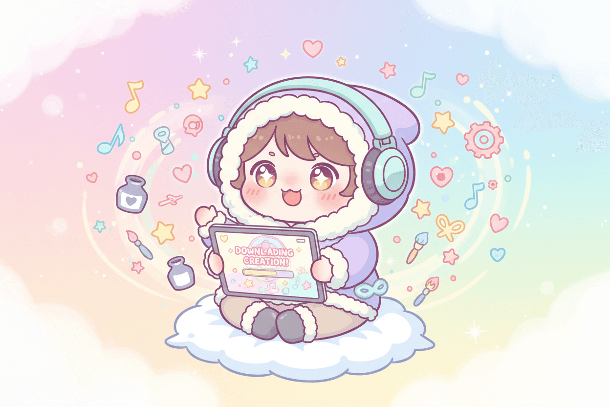 귀여운 치비 캐릭터가 태블릿에 일러스트를 신나게 다운로드하는 모습.