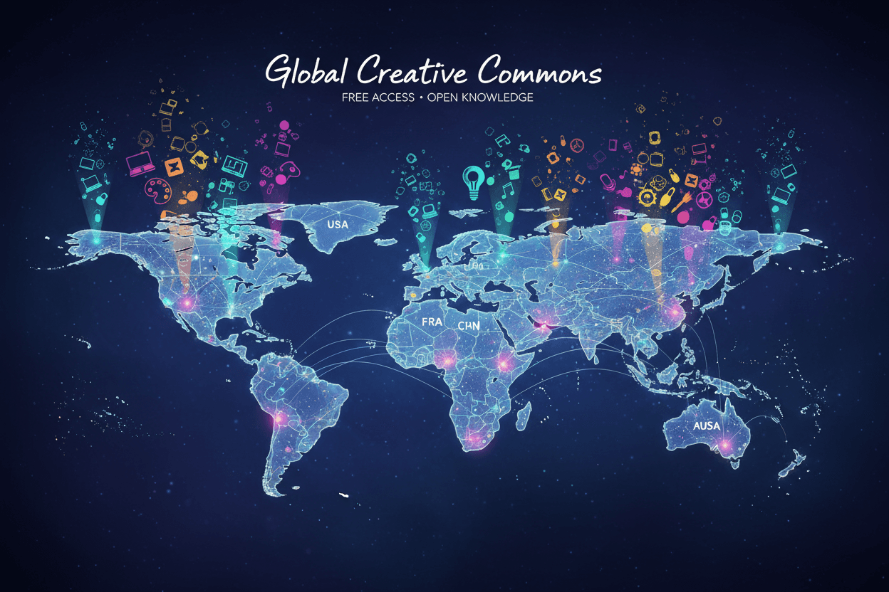 노드에서 다양한 일러스트 아이콘이 팝업되는 양식화된 세계 지도, 무료 콘텐츠에 대한 전 세계적 접근성을 나타냅니다.
