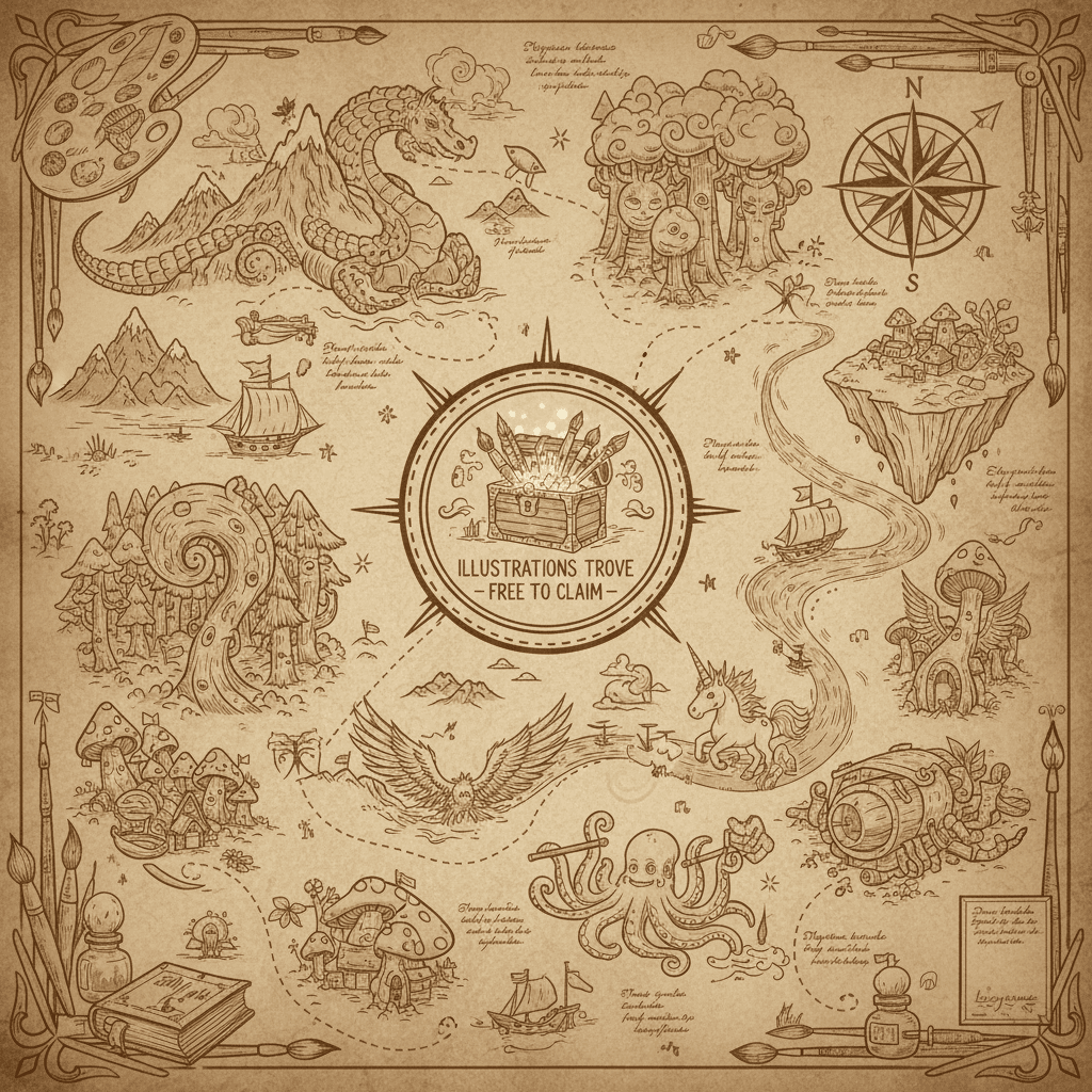 '무료 일러스트 보물창고'로 이끄는 판타지 보물지도 일러스트.