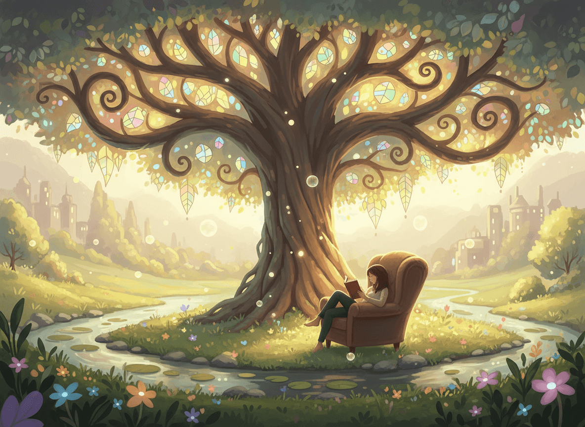 평화로운 공원에서 기발한 나무 아래 책을 읽는 사람을 묘사한 디지털 아트 일러스트레이션.