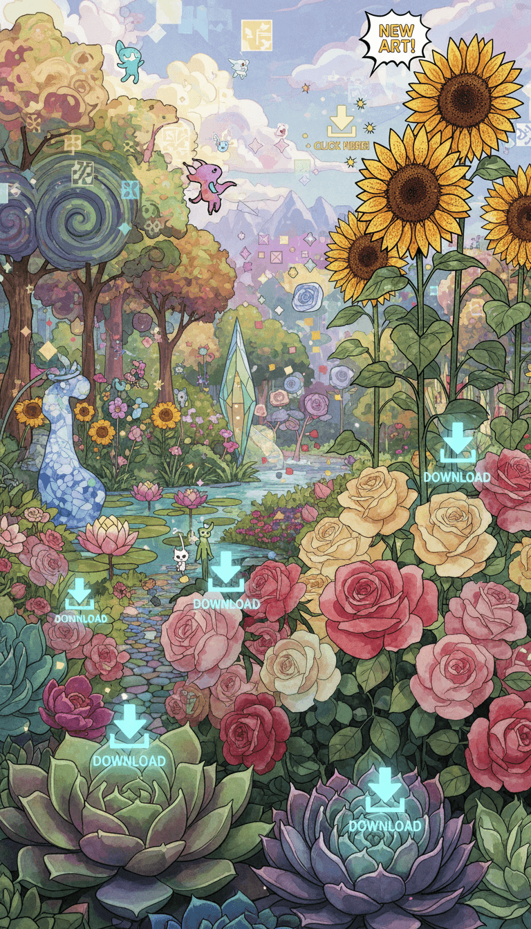 픽셀 아트 선인장, 수채화 장미, 만화책 해바라기 등 다양한 예술 스타일의 꽃들이 피어나고 그 위로 작은 디지털 다운로드 아이콘이 떠다니는 환상적인 정원.
