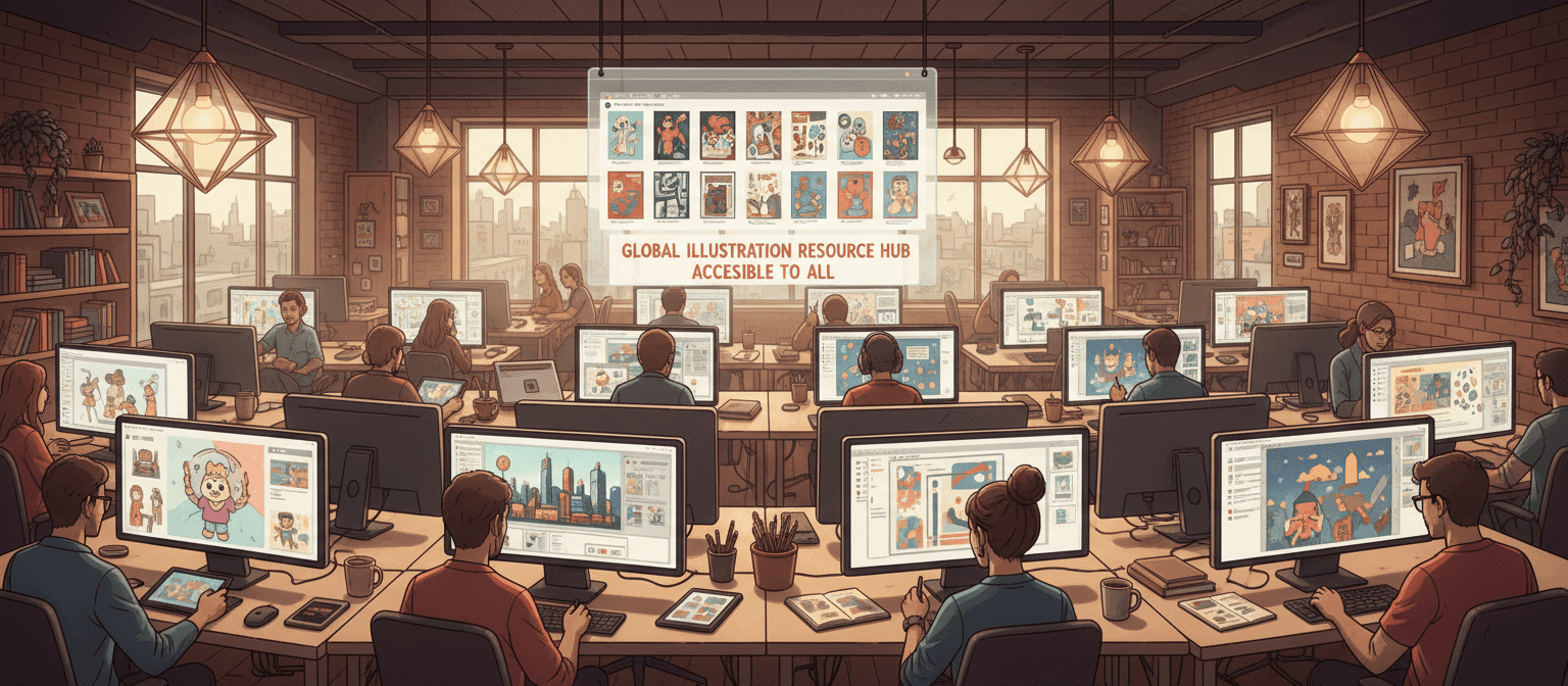 현대적인 크리에이티브 허브 책상마다 다양한 일러스트가 전시되어 있어 무료 리소스의 접근성을 강조합니다.