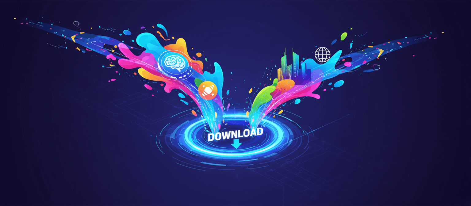 역동적이고 유동적인 추상 일러스트레이션으로, 디지털 색상이 흩뿌려진 데이터 스트림이 일러스트 형태를 이루고 '다운로드' 포털로 흘러들어가는 모습.