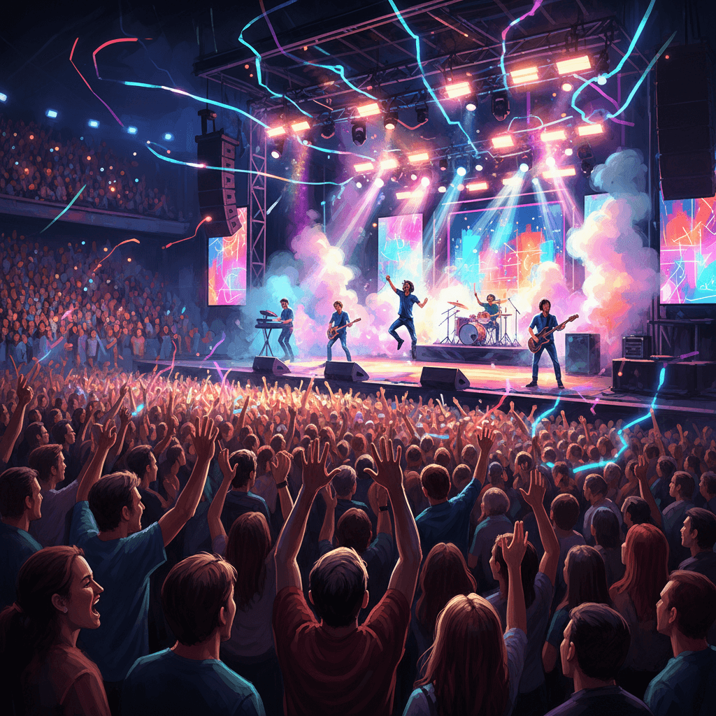 환호하는 관중과 밝게 빛나는 무대에서 공연하는 밴드를 묘사한 음악 콘서트 일러스트레이션.