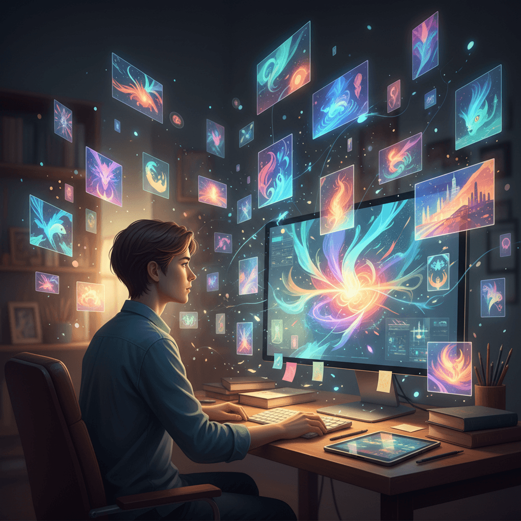 영감을 받은 사람이 책상에 앉아 있으며, 다양한 무료 다운로드 일러스트들이 아이디어처럼 주위에 떠다니는 몽환적인 이미지.