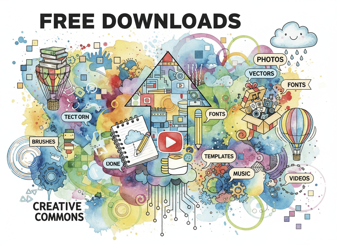 손으로 그린 스케치, 수채화 질감, 벡터 그래픽이 조화롭게 어우러진 활기찬 혼합 매체 콜라주로, 다양한 무료 일러스트를 표현합니다.