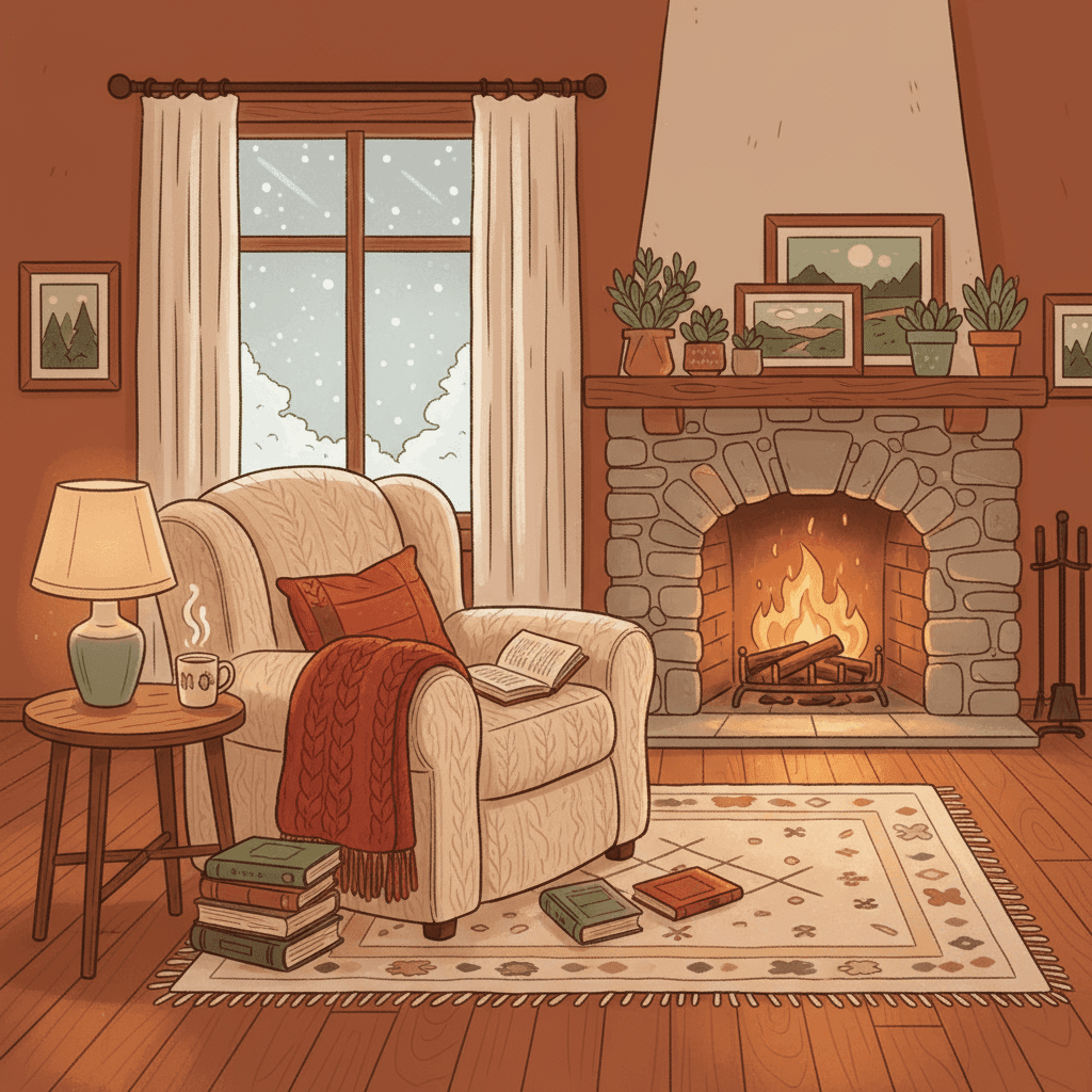 벽난로, 안락의자, 책, 따뜻한 담요가 있는 아늑한 거실 일러스트레이션.