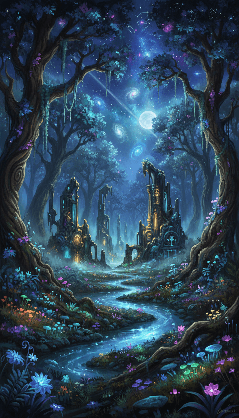별이 빛나는 밤하늘 아래 고대 유적과 생체 발광 식물이 있는 마법의 숲 판타지 풍경 일러스트레이션.