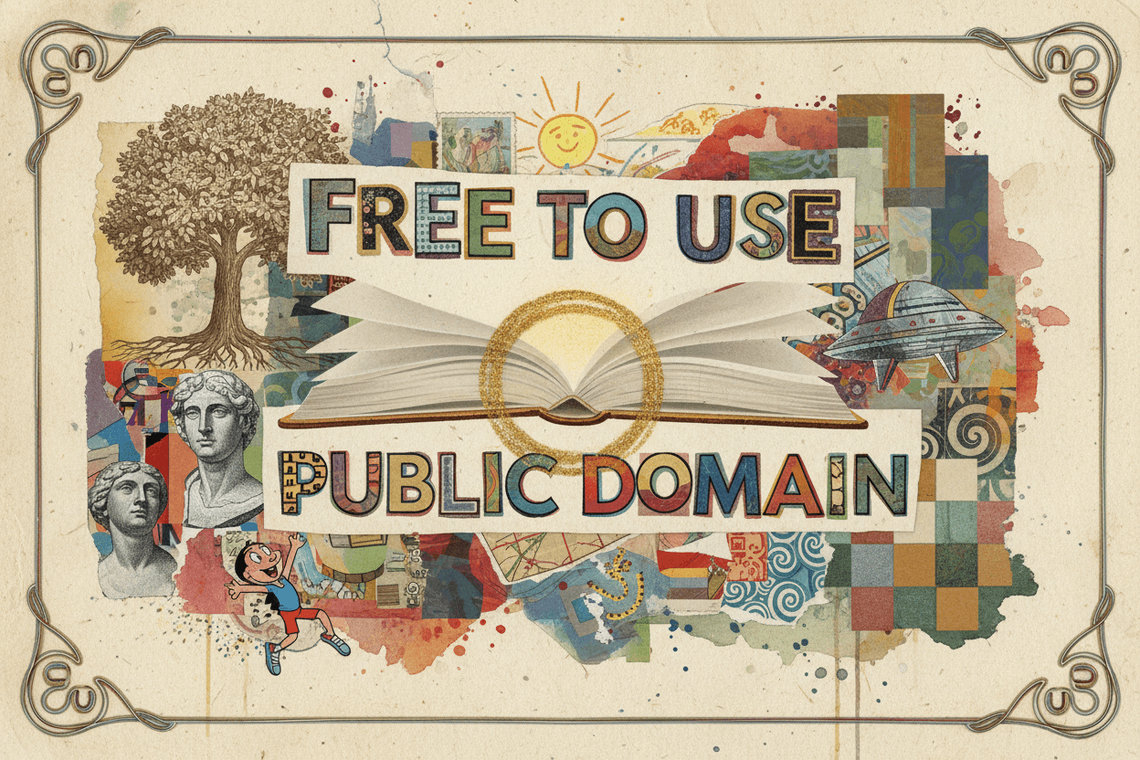 '무료 사용'을 중심으로 한 다양한 예술 작품의 혼합 미디어 콜라주 일러스트.