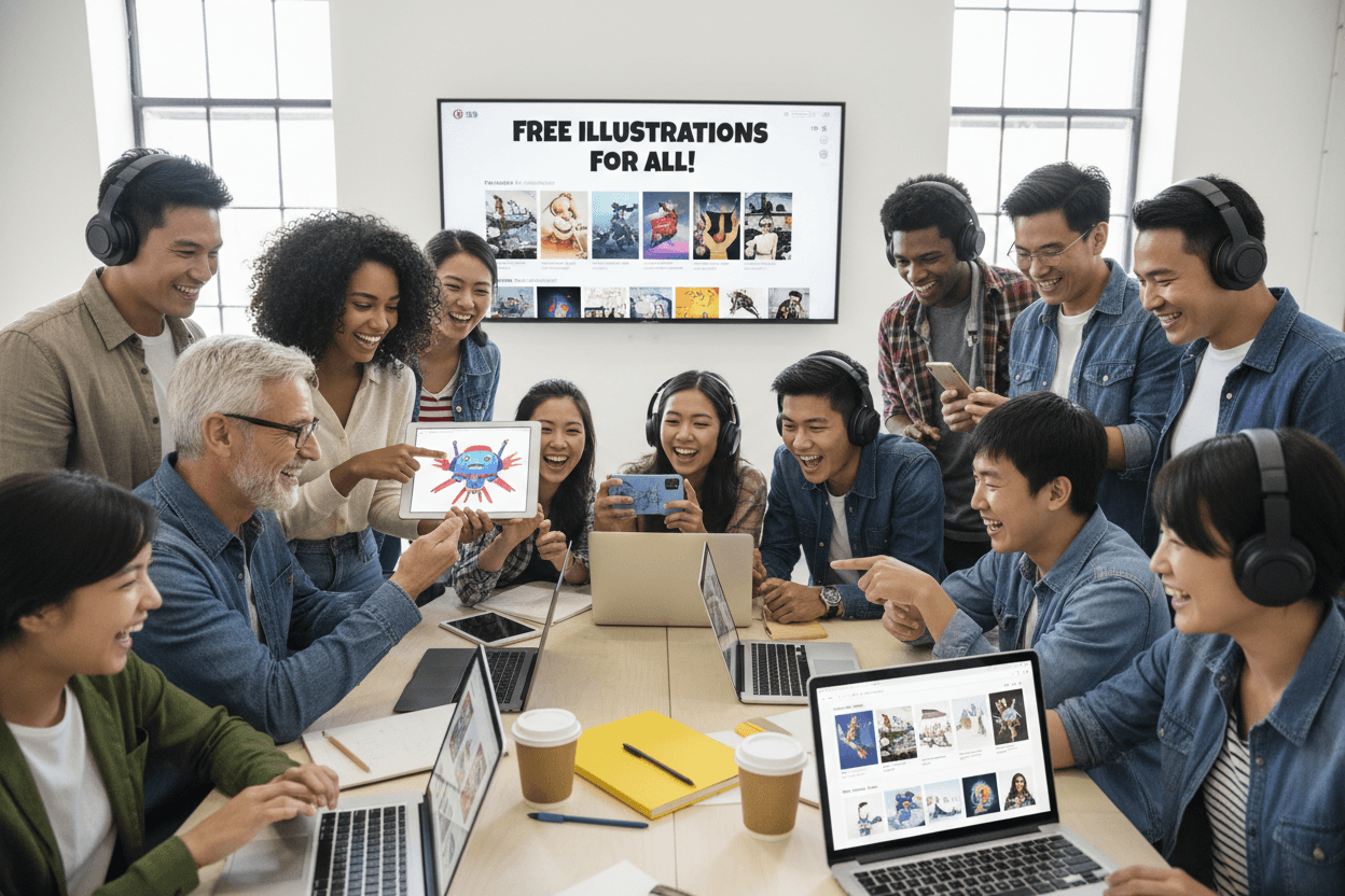 다양한 사람들이 여러 기기에서 고품질 무료 일러스트를 즐겁게 검색하고 다운로드하는 즐거운 분위기.