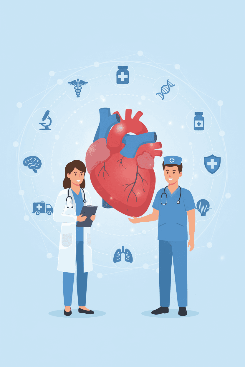 의료 및 건강 관리 개념 일러스트레이션: 의사와 간호사가 거대한 심장 옆에 서 있고 의료 아이콘으로 둘러싸여 있음.