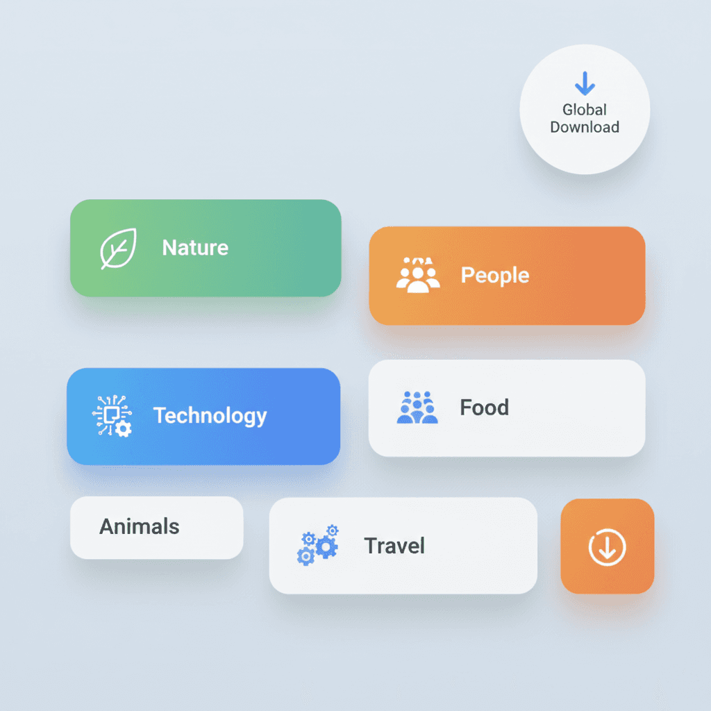 무료 일러스트 카테고리와 다운로드 아이콘이 있는 머티리얼 디자인 UI 일러스트.
