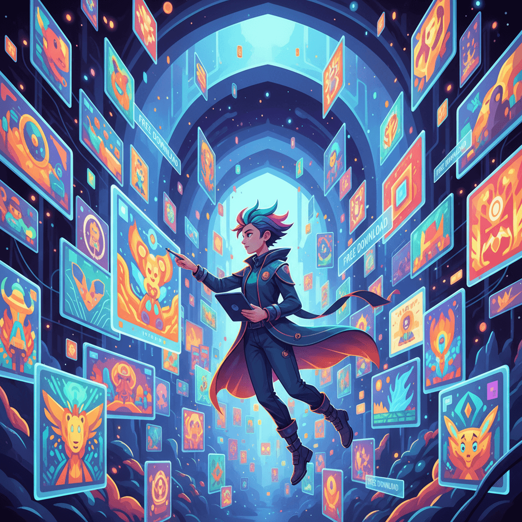 방대한 디지털 아트 라이브러리를 무료 다운로드하는 모습을 담은 생동감 넘치는 벡터 일러스트레이션.