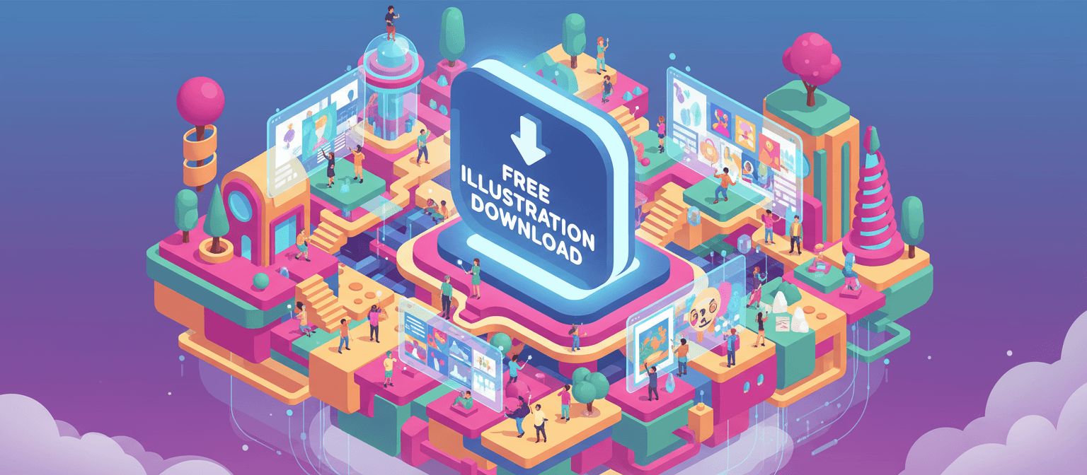컬러풀한 플랫폼에서 사람들이 대형 스크린과 상호작용하는 아이소메트릭 일러스트, '무료 일러스트 다운로드' 허브가 중심.