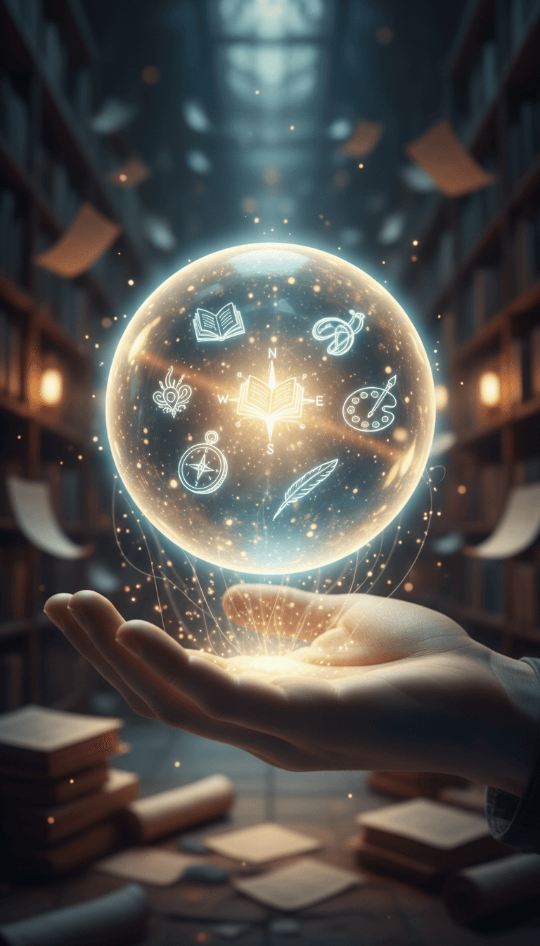 작고 상세한 일러스트들이 담긴 빛나는 마법 구슬이 열린 손바닥 위에 떠 있어, 창의적 자원에 즉시 접근할 수 있음을 나타냄.