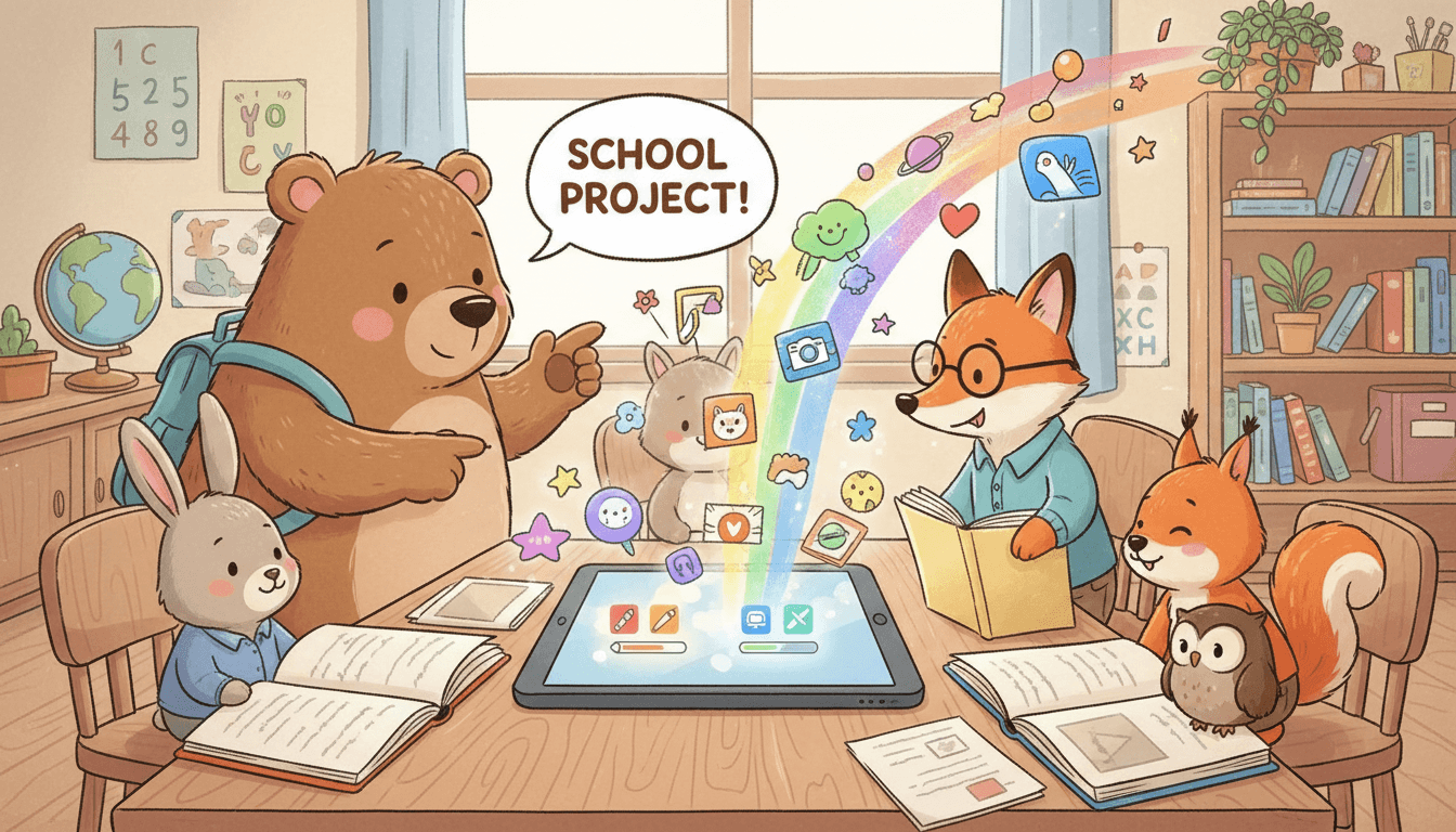 친근한 동물들이 태블릿 주위에 모여 학교 프로젝트를 위해 다채로운 그림을 다운로드하는 아이들을 위한 재미있는 만화 일러스트.