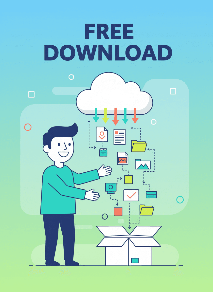 클라우드 스토리지에서 파일을 다운로드하는 사람의 플랫 디자인 일러스트.